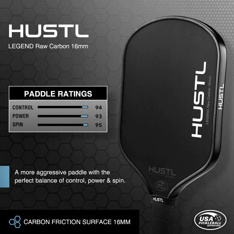 HUSTL LEGEND RAW CARBON 16MM PICKLEBALL PADDLE - Baseline Sports